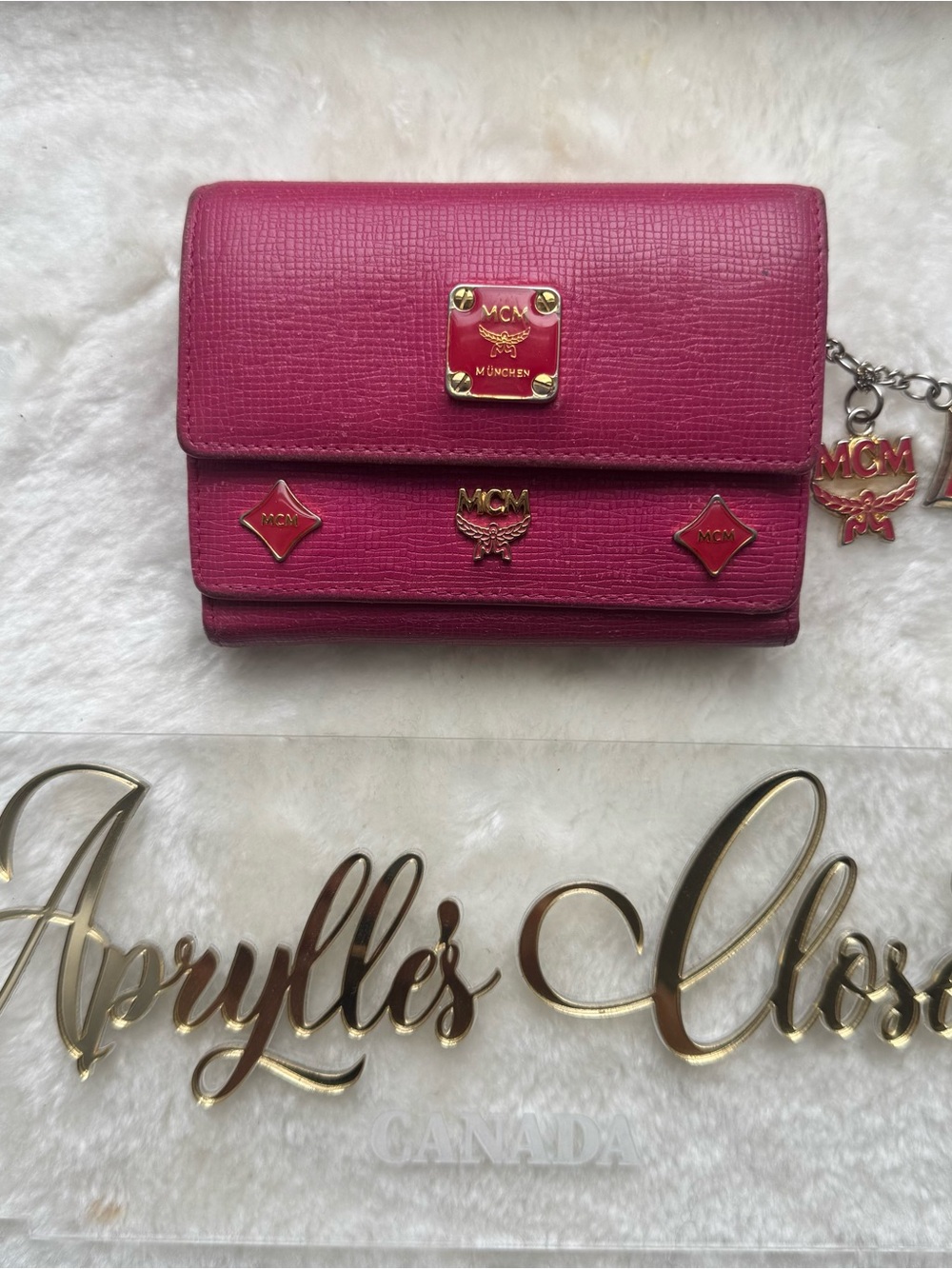 🩷 MCM Fuchsia Saffiano Leather Wallet with Gold Hardware and Charm